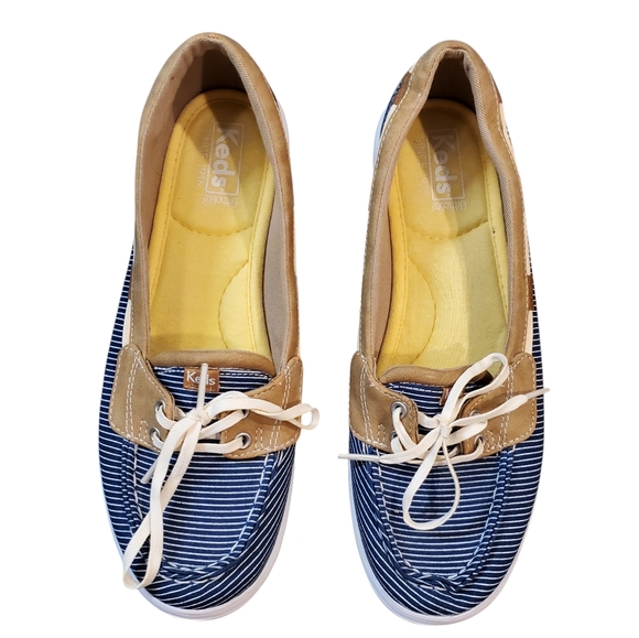 Keds Ortholite Navy White Tan Striped Loafers Shoes Laces Size 8.5 - Picture 2 of 12